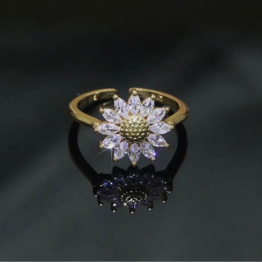 Gold Sunflower Ring 14K Gold Filled CZ Adjustable Dainty Floral Ring